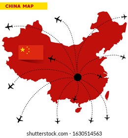 Silhouette Air plane flight vector with line path route leave from china map to another country 