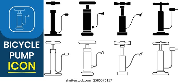 Silhouette of air pump symbol. Air pump icon set. Bicycle pump icon vector set. Bicycle or bike tube air feeler device set. Hand operated portable tire pump vector. Vector illustration.