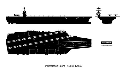 Silhouette Of Aircraft Carrier. Military Ship. Top, Front And Side View. Battleship Model. Industrial Drawing. Warship In Flat Style. Vector Illustration