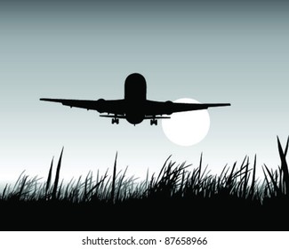 silhouette of the aircraft flight above the grass-vector