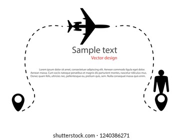 The silhouette of the aircraft flight movement, trajectory, route dotted line. Map Pin in the form of icons man, destination. Vector illustration isolated light background.