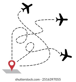 Silhouette of an aircraft route. Aircraft path. Aircraft flight journey. Illustration of a flight map. Jetliner dotted line of aircraft traffic. Transport, trail, path, track on map.