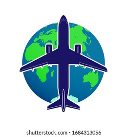 Silhouette of an airplane against the background of the globe. Design for a logo, a sticker for your site or application

