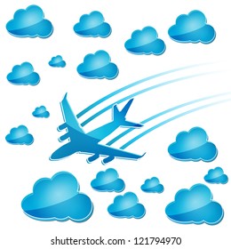 silhouette of airplane in the air with blue clouds