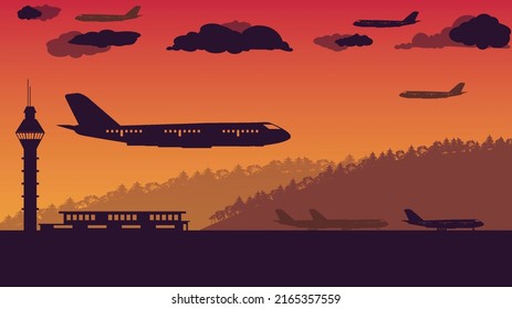 Silhouette Of Airplane And Air Traffic Control Tower On Orange Gradient Background