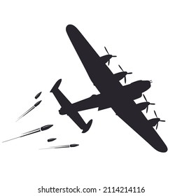 A silhouette of an airplane and bullets in black and white. Bullets reach the aircraft with four propellers. An airplane is attacked by bullets