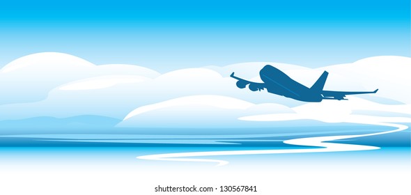 Silhouette of an airplane in the clouds. Vector