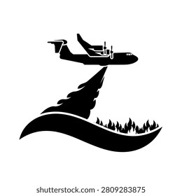 Silhouette of an airplane dropping water on a forest fire, symbolizing firefighting efforts.