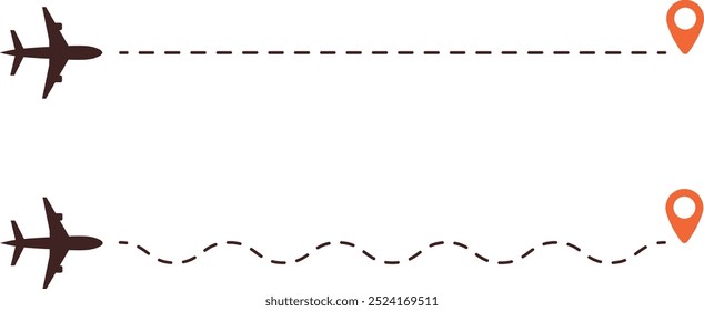 Silhouette of an airplane with flight path and location mark on a white background. Simple vector illustration set. Soaring air plane line path. Curved dashed line. Concept of journey, travel or trip