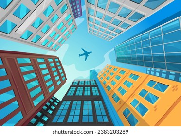 Silhouette des Flugzeugs, das über den Bürogebäuden der Stadt fliegt. Die Vektorebene über Wolkenkratzern spiegelt sich in den Glasfenstern der Stadttürme wider. Hochauflösende urbane Architektur