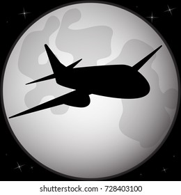 Silhouette of an airplane flying across a full moon. Vector illustration.