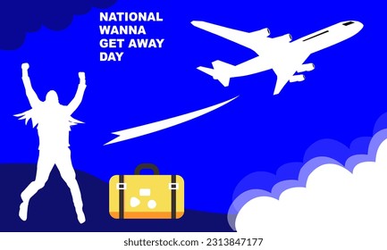 silhouette of an airplane flying and silhouette of a man jumping and a luggage getting ready to travel to commemorate NATIONAL WANNA GET AWAY DAY JUNE 18
