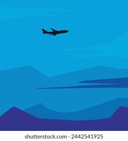 A silhouette of an airplane flying over layered mountain landscape under a gradient blue sky.