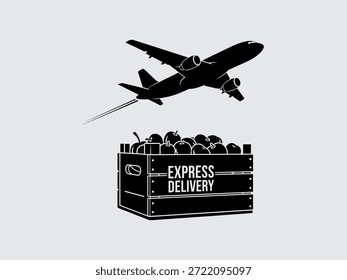 Silhueta de avião sobrevoando pacote rotulado entrega expressa