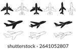 Silhouette airplane icon bundle. line art and fil airplane icon bundle. Minimalist Airplane Silhouettes, Line Icons, and Logo Bundle. Silhouette, Line Art, and Filled Airplane Logos