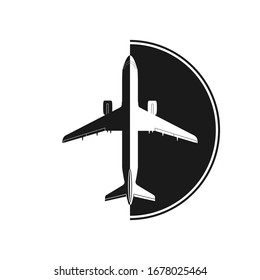 Silhouette of an airplane on the background of a semicircle. Simple flat design for a logo, logo or sticker for a website or app


