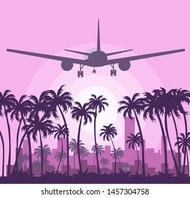 Silhouette of the airplane on the background of the sky with palm trees and urban landscape. Vector illustration with tropical coconut palms and city.
