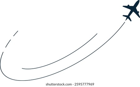 Silhouette of an airplane on a white background. Simple vector illustration. Soaring air plane curved line path. Aircraft for logo or symbol