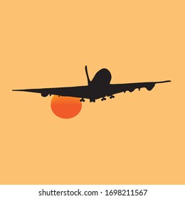 Silhouette of airplane in sunset sky. Vector illustration
