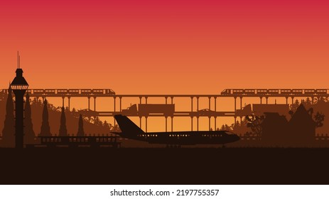 silhouette of airplane, truck, and train transport on orange gradient background