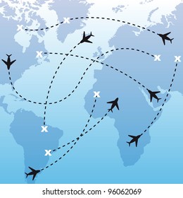 silhouette airplanes over map over blue background. vector