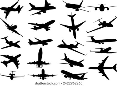 silhouette airplanes set on white background vector