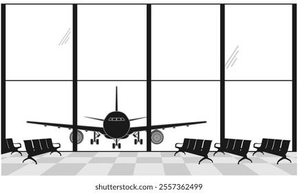 silhouette airport terminal with seating area and front view airplane behind window. vector illustration isolated on white background.