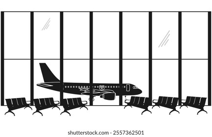 silhouette airport terminal with seating area and side view airplane behind window. vector illustration isolated on white background.