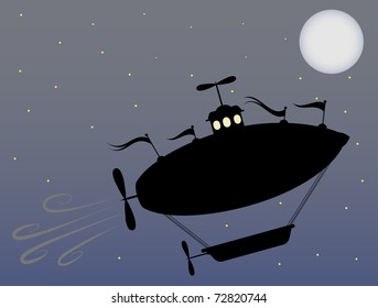 Silhouette airship soaring throw bright night full moon starry sky