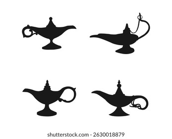 Silhouette of Aladdin's magic lamp. Simple black vector symbol. Magic, Genie magic lamp.Simple black vector symbol. Flat Silhouette vector illustration.