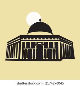 Silhouette of Al-Aqsa Mosque in Jerusalem - palestine under moon. Vector illustration design of Al-Isra Wal-Mi'raj Masjidil Al-Aqsa Mosque for logo, icon, greeting banner design. Editable eps. 10.