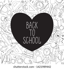 Silhouette of alarm clock. Back to school card. Funny  pattern with school supplies and creative elements. Back to school phrase.
