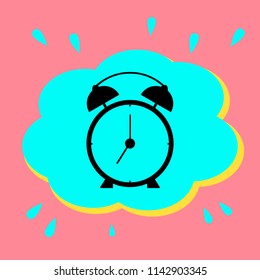 Silhouette of an alarm clock. Black icon in a bubble on a pink background. Vector