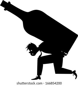 Silhouette of an alcoholic carrying a giant bottle,vector illustration