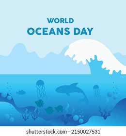 Silhouette of algae, reefs, fishes live in the sea and iceberg . World Ocean Day. Colored vector illustration.