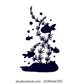 Silhouette of algae with schools of fish.Vector graphics.