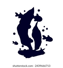 Silueta de algas con bancos de peces.Gráficos vectoriales.