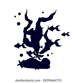 Silhouette of algae with schools of fish.Vector graphics.