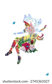 Silhouette of Alice on white background and wonderland fantastic landscape with mushrooms, beautiful old castle, red and white roses and butterflies.
illustration to fairytale Wonderland