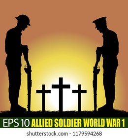 Silhouette of allied soldier of World War 1.  British, American, Australian... 1914 - 1918. Original digital illustration.