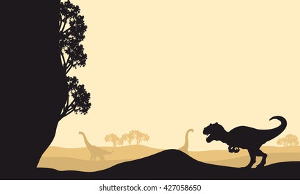 Silhouette of Allosaurus with Brachiosaurus at the morning