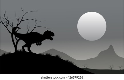 Silhouette of Allosaurus with moon at the night
