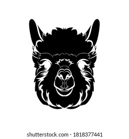 Silhouette of alpaca (head). Black and white illustration. Vector