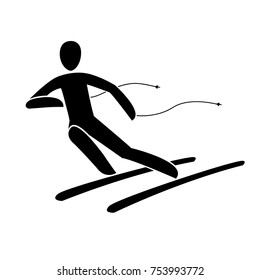 Silhouette of alpine downhill skier giant slalom descending down slope isolated. Winter sport games discipline. Black and white flat slyle design vector illustration. Web pictogram icon symbol