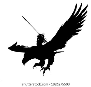 Silhouette Amazon girl flies astride a huge eagle holding a long spear ready to attack, she has long hair fluttering in the wind. 2D illustration
