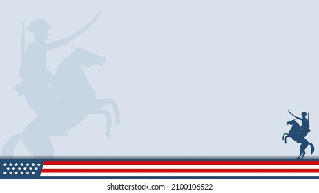  Silhouette Of American Army Riding Horse With Amreca Flag Foot Print. Blank Screen For Copy Space Presentation Or Web Design Vector Illustration