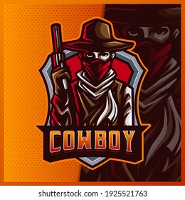 Silhouette American Cowboy Western Bandit Shooter mascot esport logo design illustrations vector template, Samurai logo for team game streamer youtuber banner twitch discord