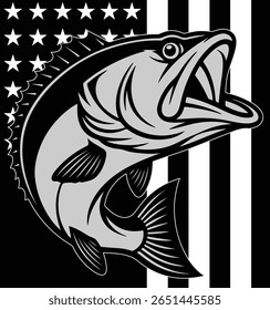 Silhueta Bandeira Americana Bass Jumping Fish Vetor Ilustração