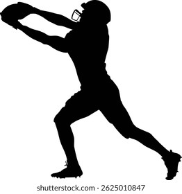 Silhouette of an American football player in helmet catching a ball mid-air, isolated on white background