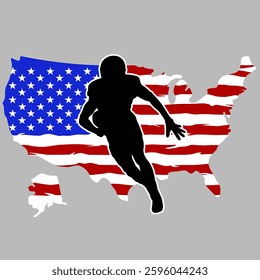 Silhouette of an American football player running with the ball over a stylized USA flag background. A patriotic sports design symbolizing strength and competition.